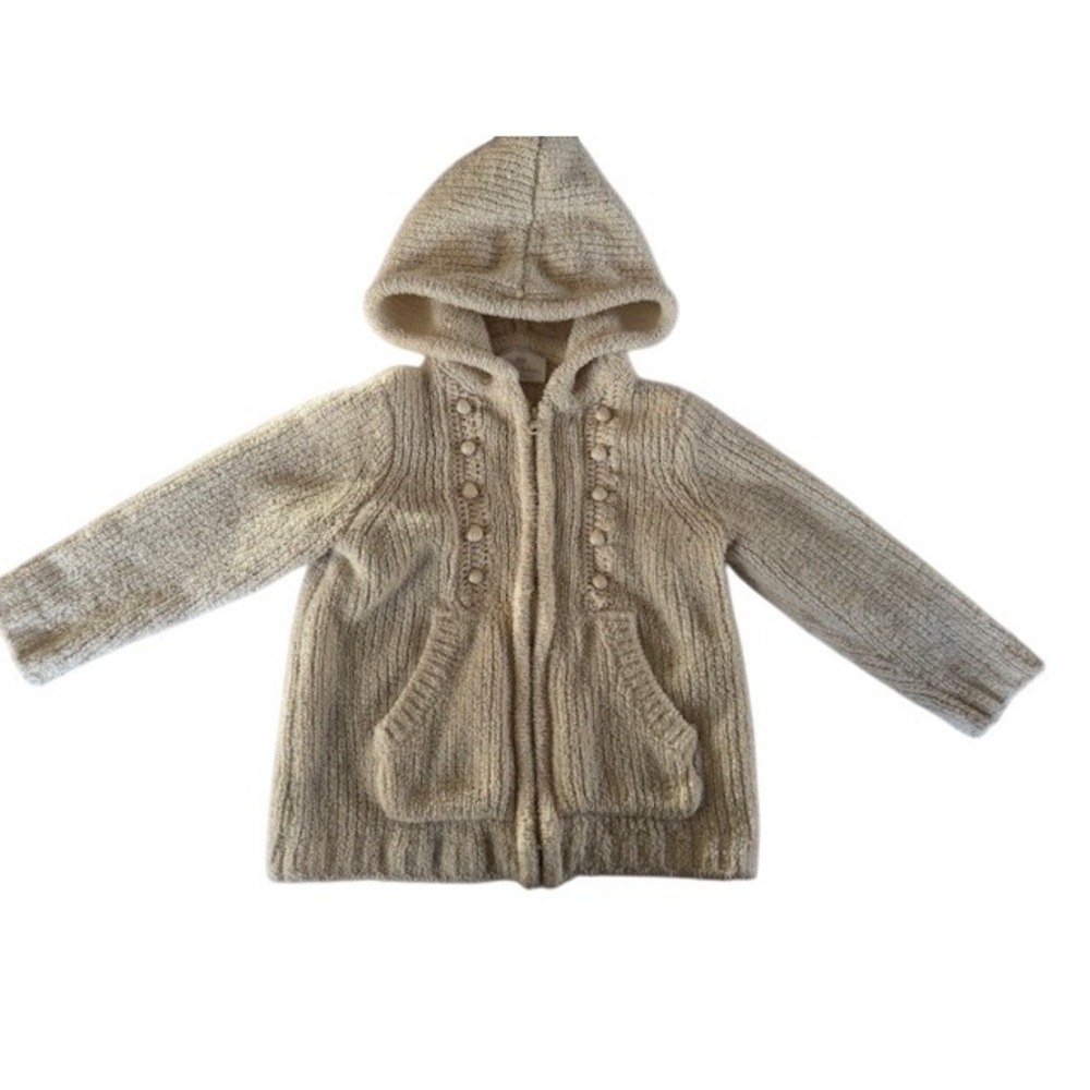 Hanna Andersson Kids Cream Knit Hooded Zip Up Sweater Sherpa Lined - 3-4 years